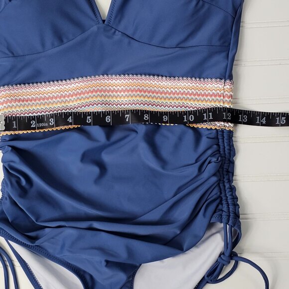 Women's Blue Plunge Neck Tummy Control Modest One Piece Swimsuit Size S NWTF - Picture 13 of 14